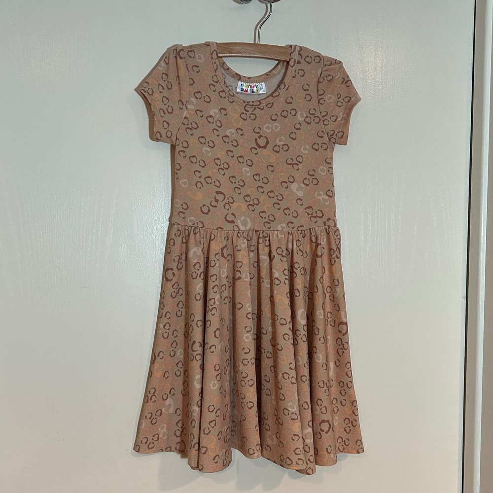 Dot Dot‎ Smile Girls Tan Mauve Leopard Print Short Sleeve Twirl Dress Size 3/4